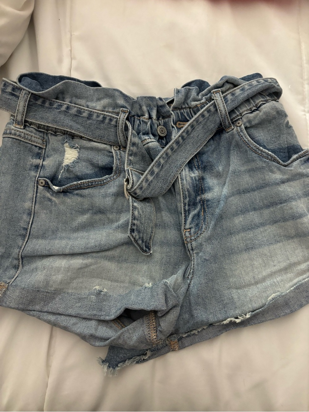 eunina Light Wash Paperbag Denim Shorts with Self-Tie Belt